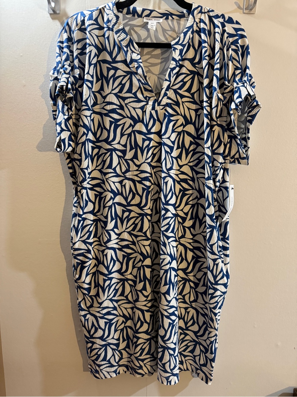 Tribal Jeans M Blue White Leaf Print Textured Tunic Dress Relaxed Fit Swim